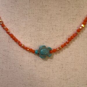 Handcrafted Turquoise Turtle Pendant Necklace with Orange Beads NEW